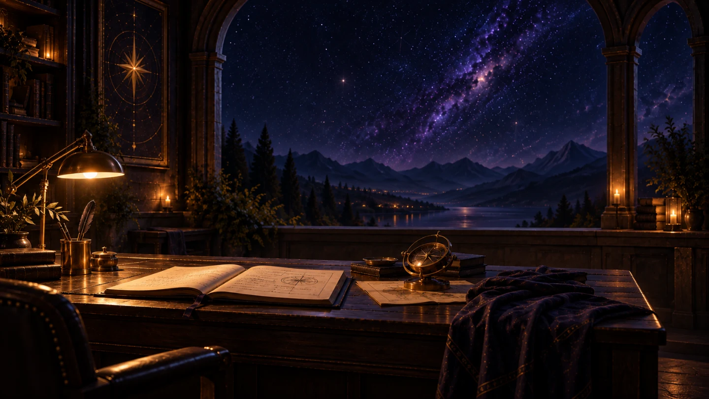 Illustrative writing room opening toward a night sky
