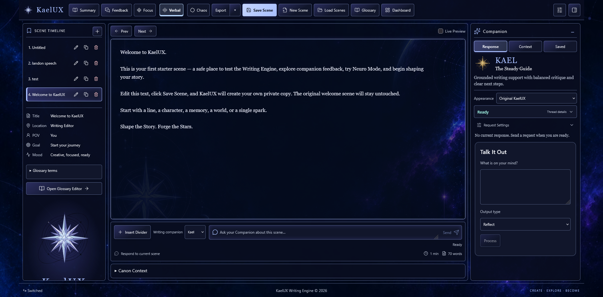 Writing Engine starter scene with Scene Timeline, scene editor, Canon Context, working-style controls, and Kael ready with no current response
